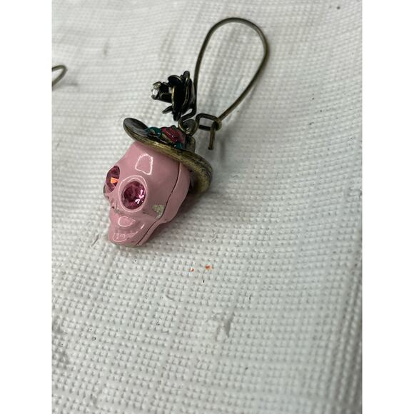 Funky Boho Skull Pink Gem Hat Earrings - Picture 3 of 4